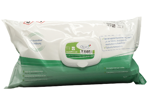 Foto zeigt eine Packung mit Flächendesinfektionstücher